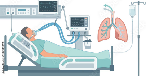 Hospital patient on ventilator support, intensive care respiratory treatment illustration, critical healthcare medical equipment