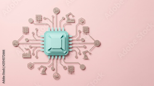 Modern Technology Concept with Computer Chip and Digital Connections on Soft Pink Background