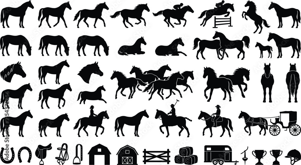 Obraz premium Horse Silhouette Vector Collection Featuring Running, Standing, Jumping, Racing, Equestrian, Stable Equipment and Farm Animal Icons Isolated on White Background