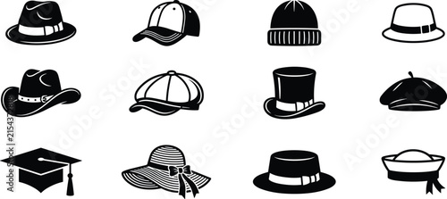 Hat icon collection featuring fashion headwear, caps, cowboy hats, winter hats and stylish accessory symbols vector illustration