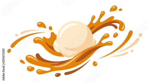 Vanilla ice cream scoop with caramel sauce splash