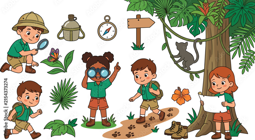Fototapeta premium Jungle Safari and Rainforest Exploration Vector Set with Cartoon Kids Backpacking, Looking Through Binoculars, Following Footprints, and Studying Nature with Map