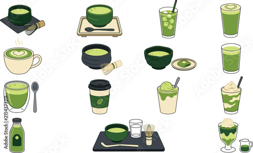 Comprehensive flat vector set featuring diverse matcha green tea drinks and traditional tea ceremony items