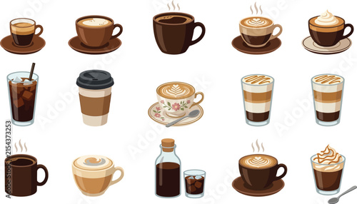 Foto Comprehensive set of coffee beverage icons, featuring various specialty drinks,