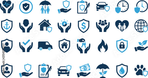 Insurance icon set featuring health, home, vehicle, life, travel and financial protection symbols vector illustration