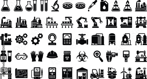 Industrial and Laboratory Vector Icon Set Featuring Factory Equipment, Scientific Tools, Robotics, Manufacturing, Safety Gear and Engineering Symbols
