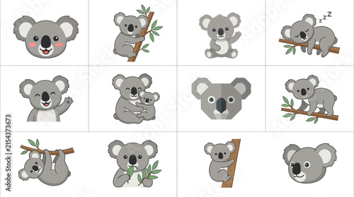 Canvas Print Cute koala bear character set featuring various poses and expressions in a flat