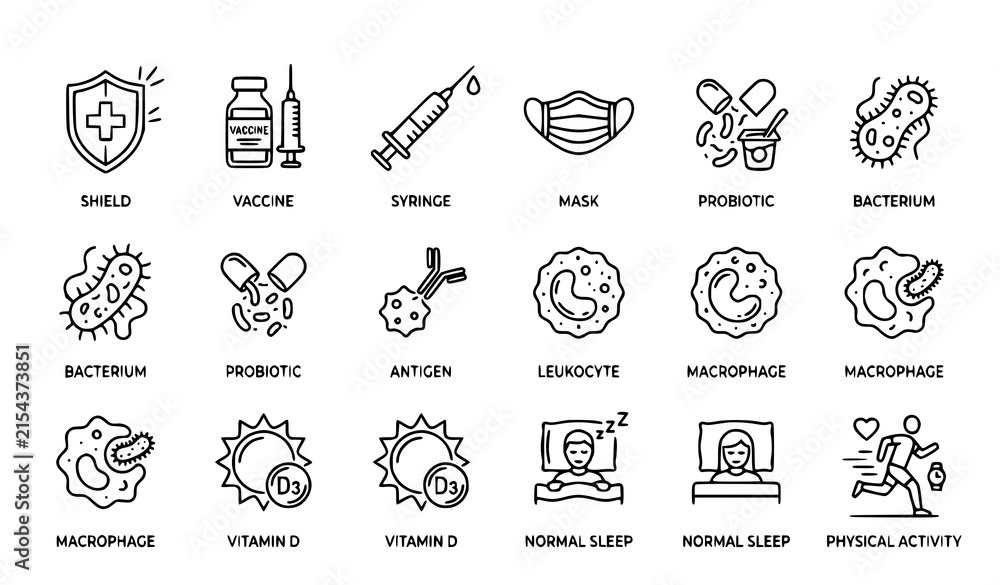 Fototapeta premium Vaccination Immunization and Healthcare Medical Icons with Vaccine Syringe Virus and Shield Vector Set