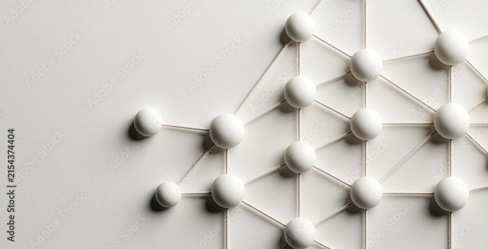 Obraz premium Abstract white spheres form a connected network on a clean minimalist background. This graphic represents interconnectedness, data flow, and complex systems for modern tech concepts.