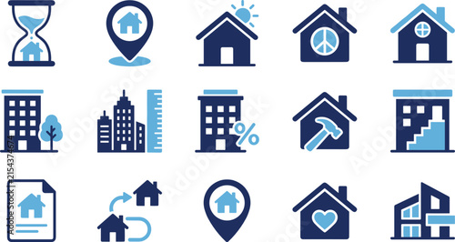 Minimalist house real estate icon set featuring residential property, home buying, architecture and housing service symbols vector illustration