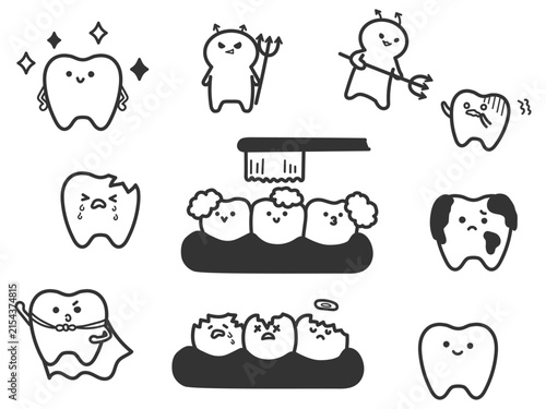かわいい歯と虫歯菌のキャラクターのイラストセット