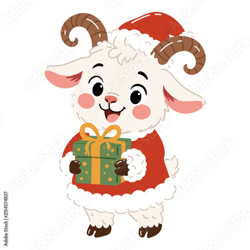Cute baby goat in Santa Claus costume holding a Christmas gift. Adorable farm animal cartoon character for holiday cards, stickers, nursery decor and festive winter vector
