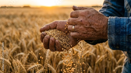 Farmer holding golden wheat grains in hands at sunset in a cereal crop field