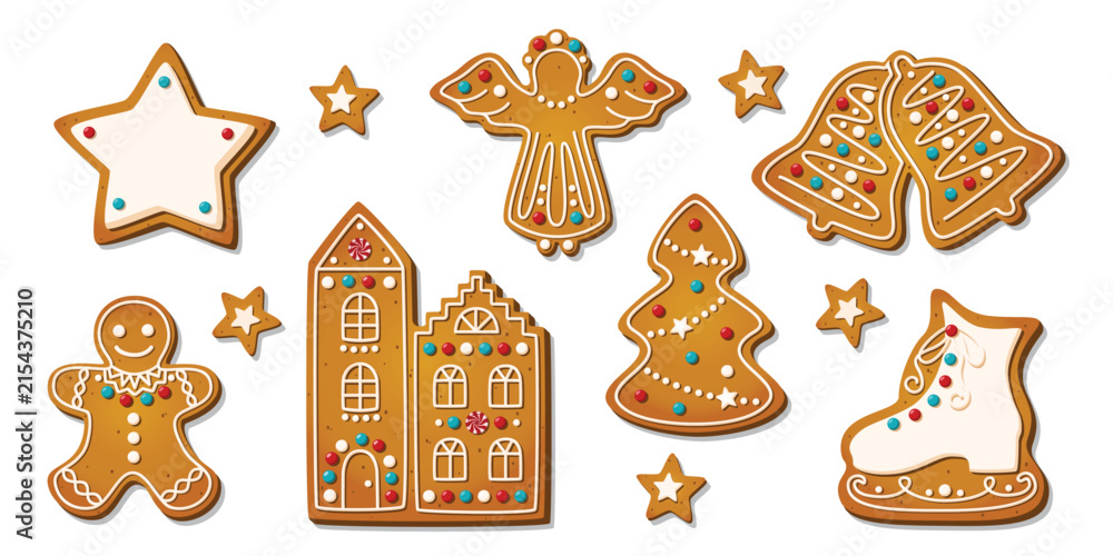 Obraz premium Christmas Gingerbread cookies for xmas celebration. Winter homemade biscuits with sweet icing details in festive shapes isolated on white background. Cartoon vector illustration