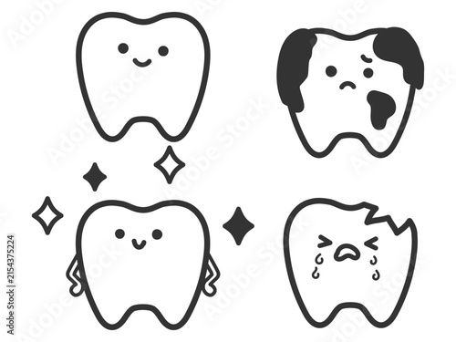 健康な歯と歯石がついた歯と欠けた歯のイラストセット