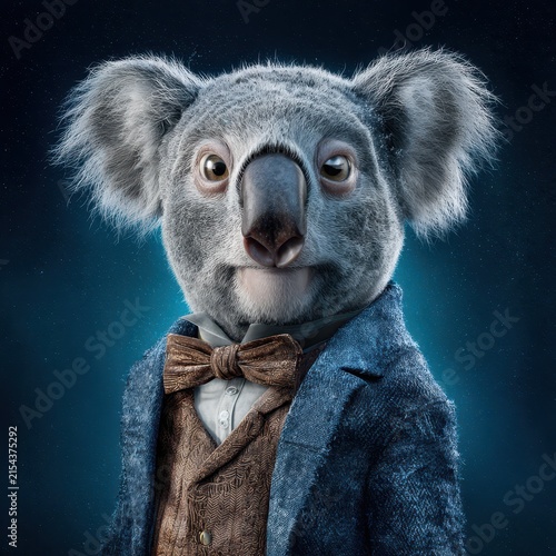 Elegant anthropomorphic koala dressed in formal suit with bowtie, artistic portrait, dark background, whimsical animal character