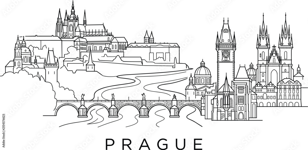 Fototapeta premium Prague skyline vector line art illustration featuring Prague Castle Charles Bridge Old Town Hall and Tyn Church