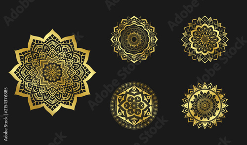Golden intricate mandala art set with sacred geometric patterns for spiritual design projects