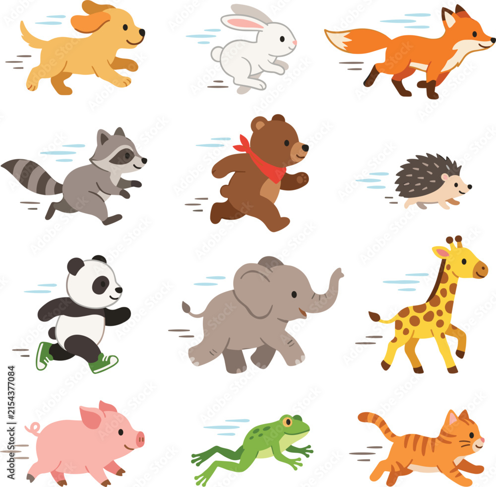 Fototapeta premium Cute Running Animals Vector Illustration Set Featuring Active Forest Safari and Farm Characters for Children Sports Education Materials and Decorative Wall Art Designs