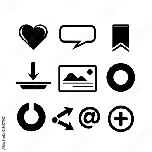 A collection of black silhouette icons representing digital interface elements on a white.