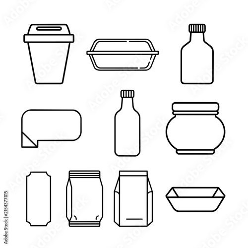 A collection of simple black line art icons representing various food and drink packaging.