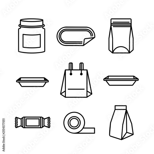 A collection of various product packaging icons are displayed in a clean line art style.
