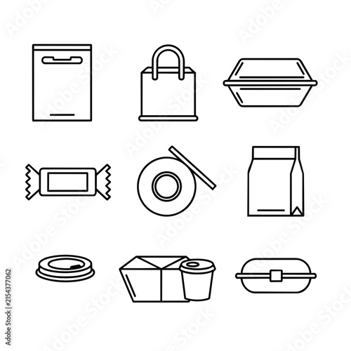 A collection of simple black line icons depicting various food packaging and delivery.