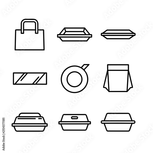 A collection of black and white line art icons depicts various food packaging containers.
