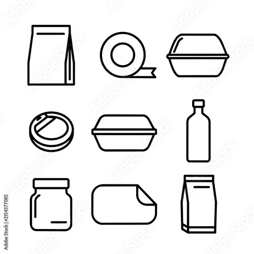 A set of minimalist black line art icons depicts various food and drink packaging items.