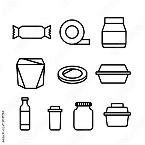 A collection of simple black line art icons depicts various food packaging and containers.