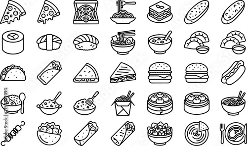 International food and fast food outline icon collection featuring pizza sushi burgers noodles tacos sandwiches and restaurant meal vectors