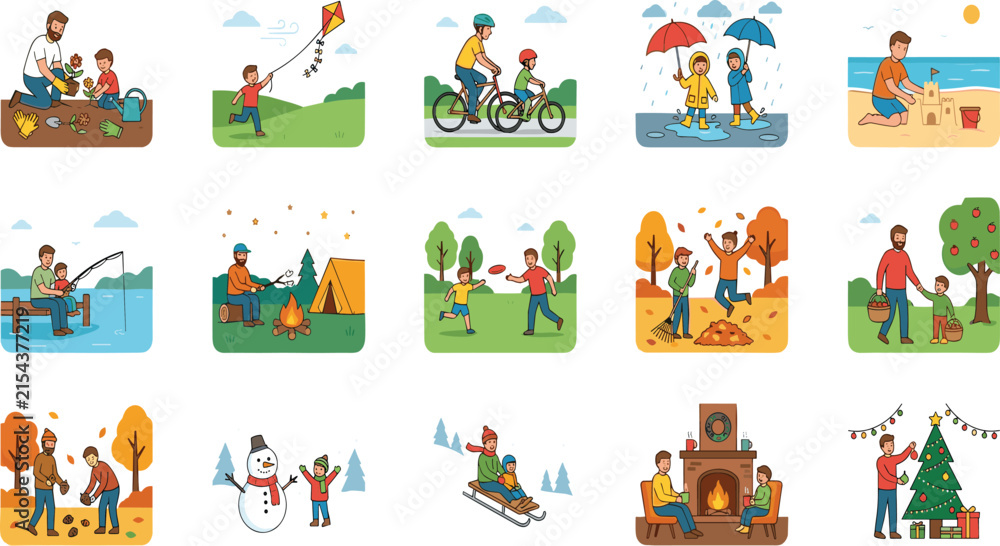 Fototapeta premium Father and Son Seasonal Activities Icon Set Showing Family Bonding Outdoor Adventures and Cozy Winter Traditions Throughout the Four Seasons