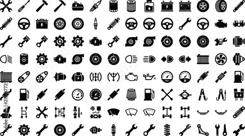 Foto Car auto repair service spare parts and mechanical tools black glyph icons set i