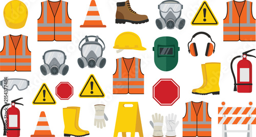 Construction Safety Equipment Vector Set Featuring Orange Vests Hard Hats Respirator Masks Fire Extinguishers and Warning Signs for Industrial Work Protection Designs