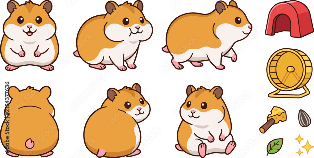 Fototapeta premium Cute Hamster Cartoon Character Vector Asset Set Displaying Various Poses with Full Cheeks, Sitting, Walking, Turning Around, Running Wheel, and Small House