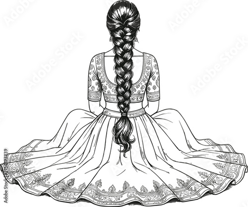 Beautiful Indian woman from back view wearing traditional lehenga dress with braided hair vector sketch for coloring page