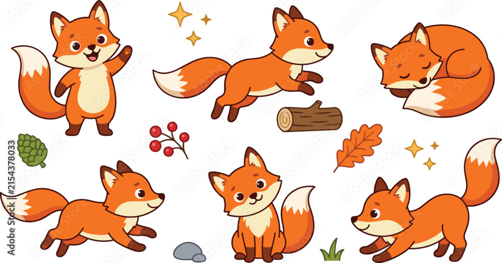 Obraz premium Cute Little Fox Cartoon Character Vector Asset Set Featuring Adorable Forest Animal Jumping Over Log, Sleeping Curled Up, Waving, and Running Poses