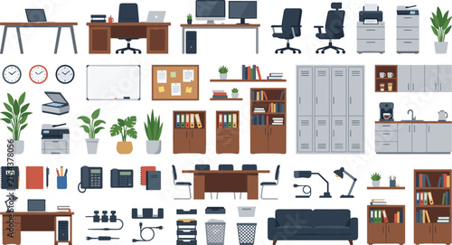 Cuadro en lienzo Modern office furniture and workplace illustration collection featuring desks ch