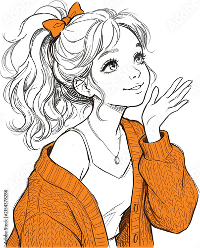  Beautiful young anime girl wearing cozy orange cardigan sweater hand drawn line art vector sketch for coloring page