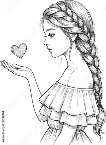 Beautiful young woman side profile portrait with braided hair holding heart vector line art sketch for coloring page