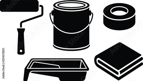 Set of black and white icons representing various home painting and renovation tools and equipment