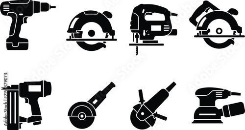 Set of black and white power tool icons for construction and home improvement projects on white background