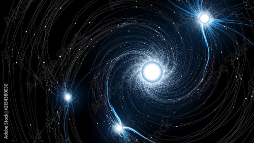 Abstract glowing particles swirling in a dark cosmic vortex with bright starbursts