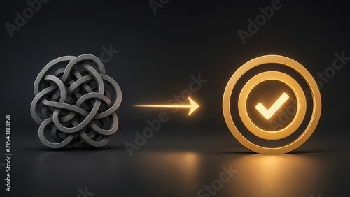 Tapety artystyczne Simplifying complexity business process workflow streamlining tangled knot into glowing golden checkmark success.