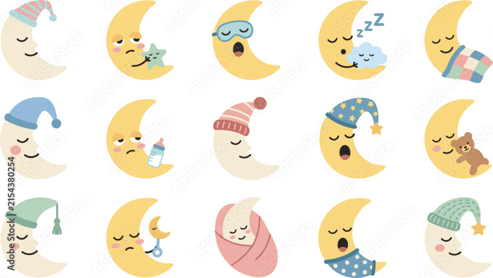 Fototapeta premium Cute Kawaii Sleeping Moon Icon Set Featuring Cartoon Slumber Characters with Nightcaps Sleeping Masks and Teddy Bear for Baby Nursery Graphic Designs