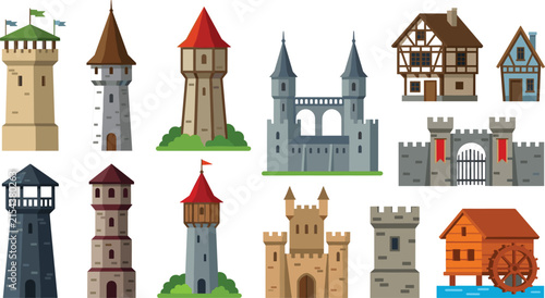 Obraz na plátně Medieval Castle Towers and Village Buildings Vector Set Featuring Fortified Gate