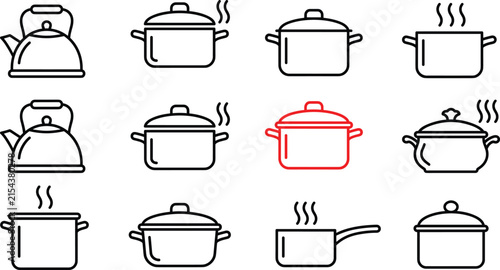 Obraz na płótnie Kitchen cookware and cooking pot line icon set kettle saucepan boiling soup hot