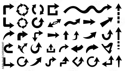 Fotografie Black vector arrow icon bundle featuring right angle turns circular loop recycli