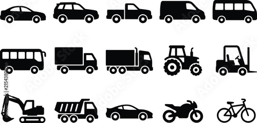 Collection of black silhouette icons representing various types of land transportation vehicles and heavy construction machinery equipment