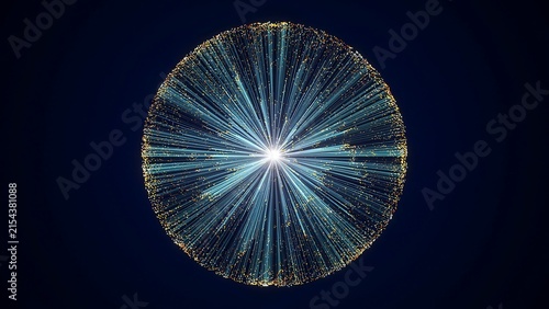 Abstract glowing sphere emitting light rays against a deep blue background with golden particles